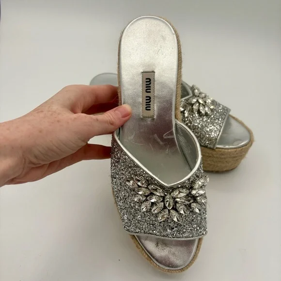 Miu Miu Women's Crystal-Embellished Glitter Platform Sandals Size 36 US Size 6 - Picture 5 of 8